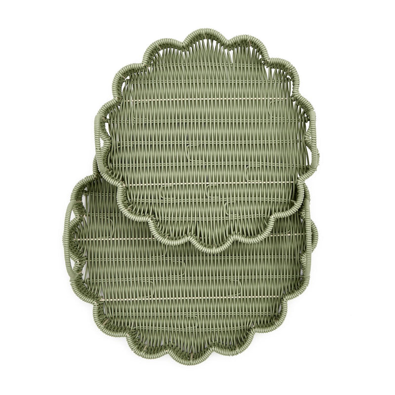 Design Shop All Weather Wicker Scallop Edge Green Round Serving Tray w/Handles - Plastic/Iron, Set of 2.