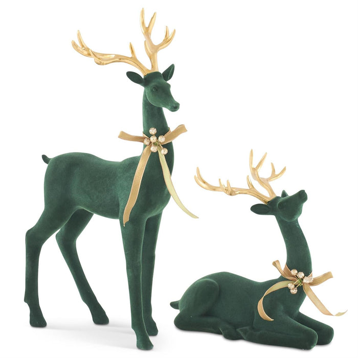 Design Shop Set Of 2 Dark Green Velvet Deer W/Gold Antlers And Bow