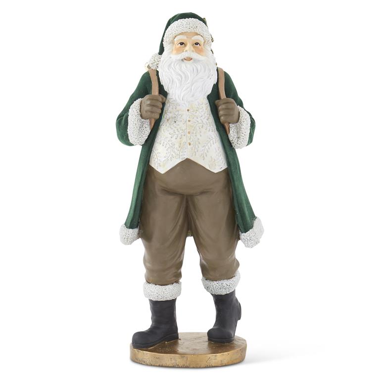 17.75" Dark Green Velvet Resin Santa with Gold Glittered Christmas