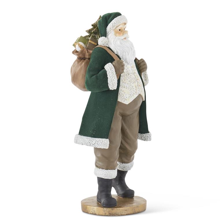17.75" Dark Green Velvet Resin Santa with Gold Glittered Christmas