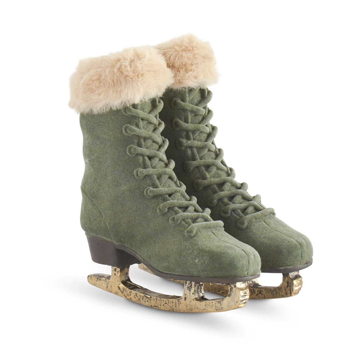 Design Shop 7 Inch Sage Green Velvet Ice Skates W/Beige Faux Fur Trim