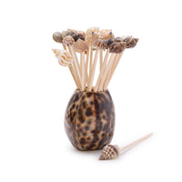Design Shop Tiger Cowrie Shell w/20 Assorted Sea Shell Picks in Acetate Gift Box - Bamboo Wood/Shell