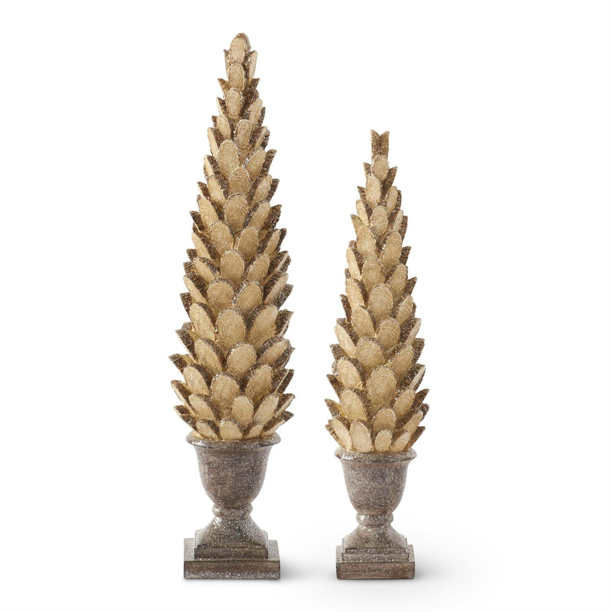 Design Shop Set of 2 Glittered Resin Wood Slice Cone Tree in Brown Urns
