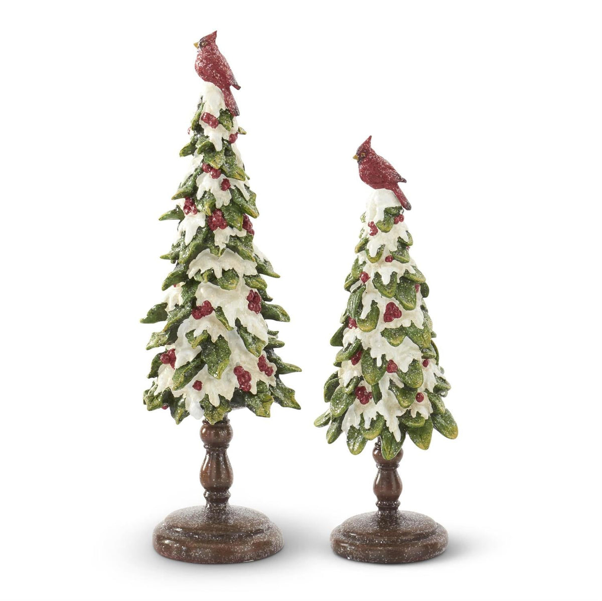 Shell Design Shop Set of 2 Glittered Resin Snow Covered Holly Trees w/ Cardinal Tops