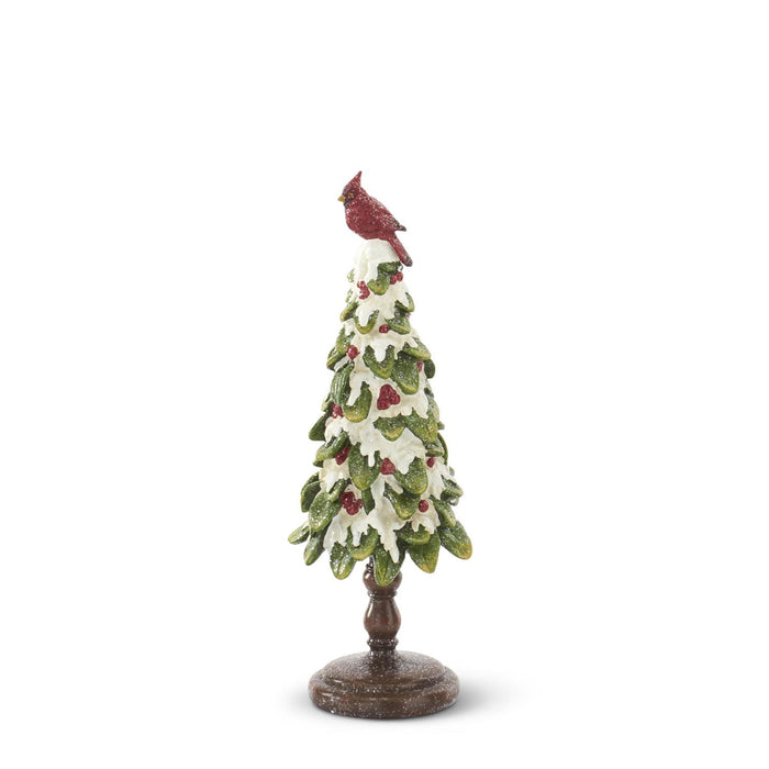 Design Shop Set of 2 Glittered Resin Snow Covered Holly Trees W/cardinal Tops