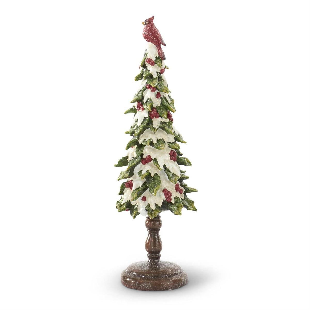 Design Shop Set of 2 Glittered Resin Snow Covered Holly Trees W/cardinal Tops