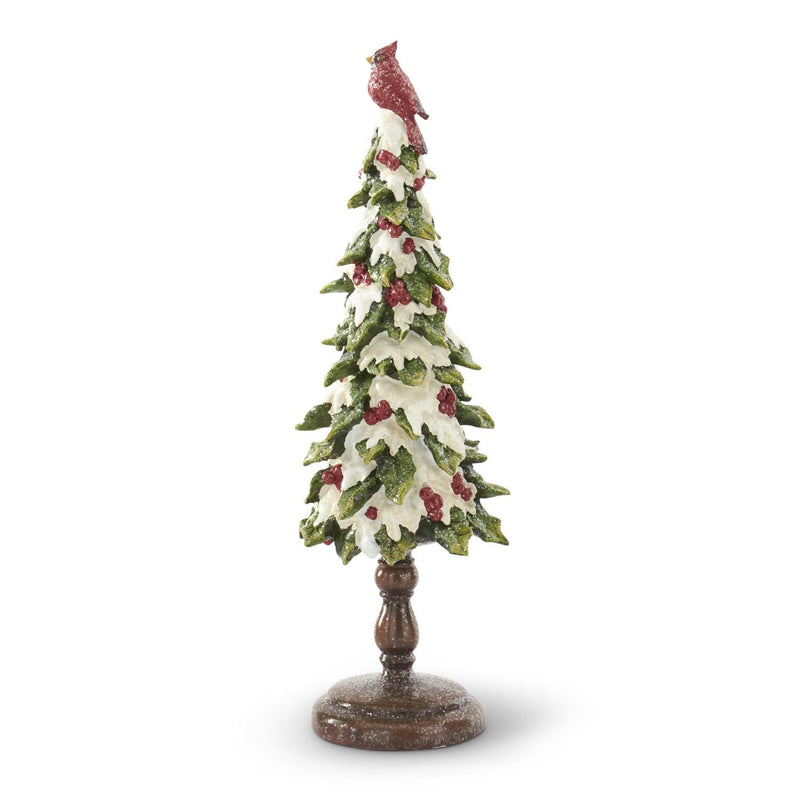 Design Shop Set of 2 Glittered Resin Snow Covered Holly Trees W/cardinal Tops