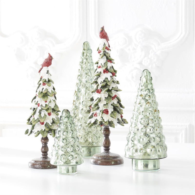 Design Shop Set of 2 Glittered Resin Snow Covered Holly Trees W/cardinal Tops