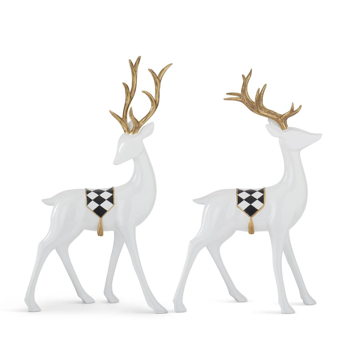 Design Shop Set of 2 Gold Antler Glossy White Resin Deers w/Harlequin Banners