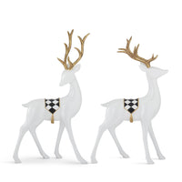 Design Shop Set of 2 Gold Antler Glossy White Resin Deers w/Harlequin Banners