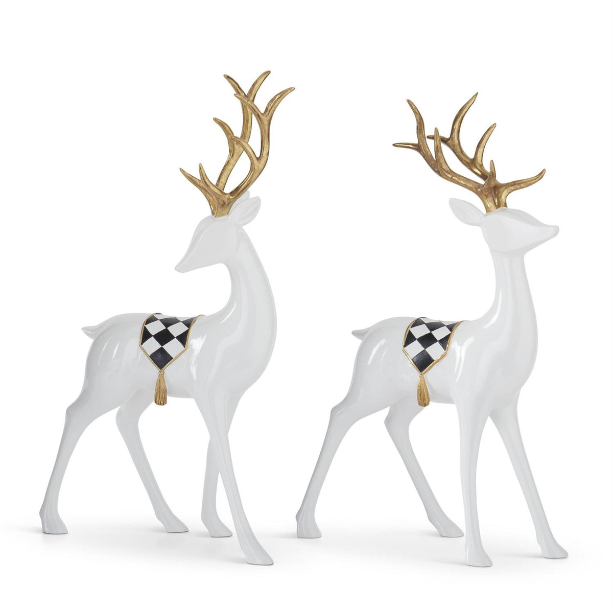 Design Shop Set of 2 Gold Antler Glossy White Resin Deers w/Harlequin Banners