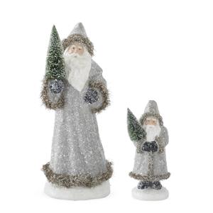 Design Shop Snowy Gray Coat Santas Holding Bottle Brush Trees, Set of 2