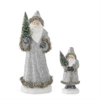 Design Shop Snowy Gray Coat Santas Holding Bottle Brush Trees, Set of 2