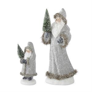 Design Shop Snowy Gray Coat Santas Holding Bottle Brush Trees, Set of 2