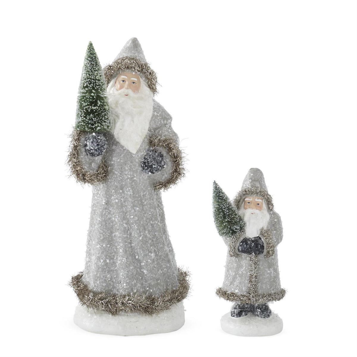 Design Shop Snowy Gray Coat Santas Holding Bottle Brush Trees, Set of 2