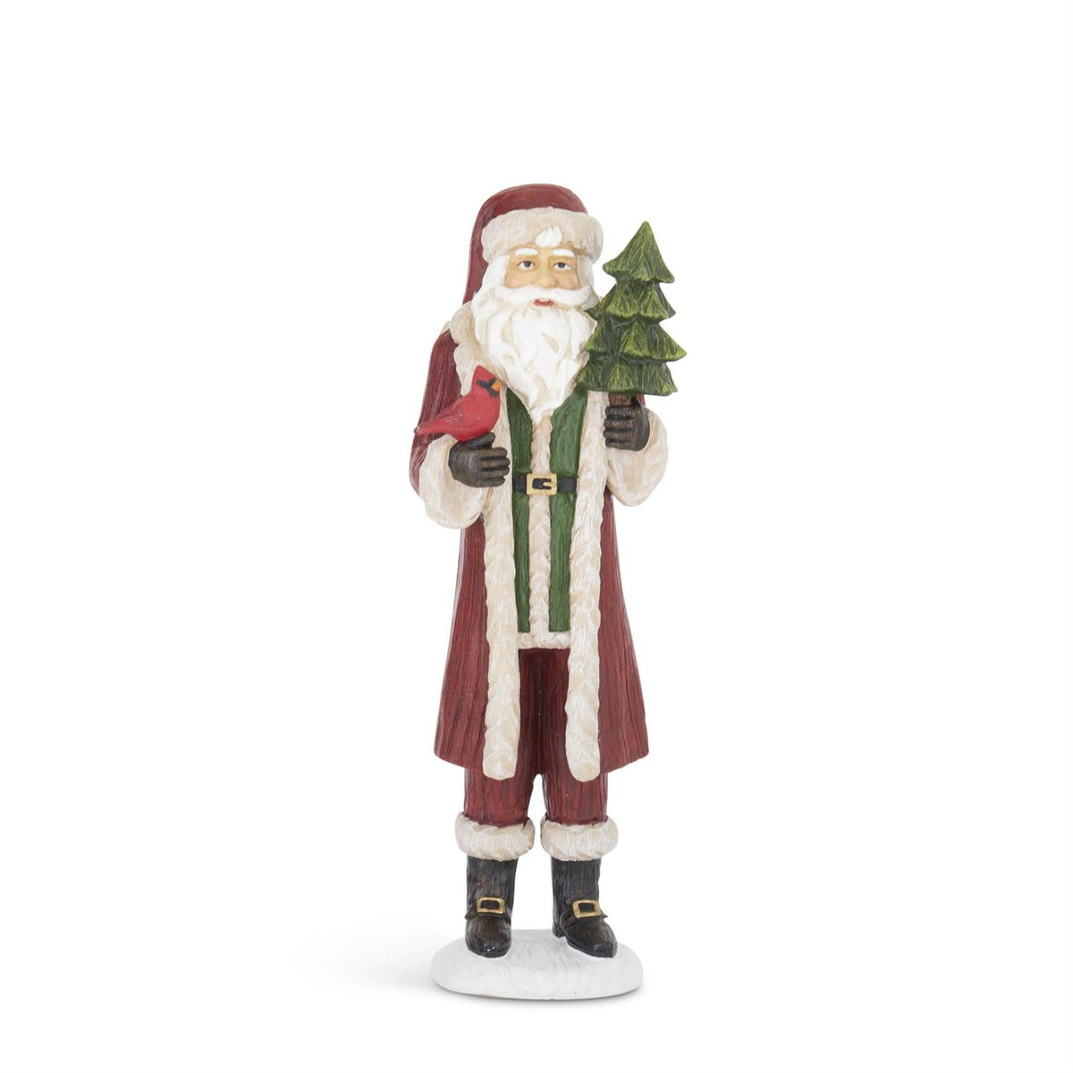 12" Resin Woodgrain Santa with Cardinal & Tree