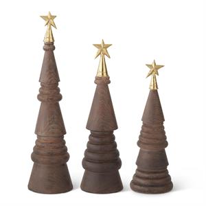 Design Shop Brown Resin Woodgrain Christmas Trees w/Gold Stars, Set of 3