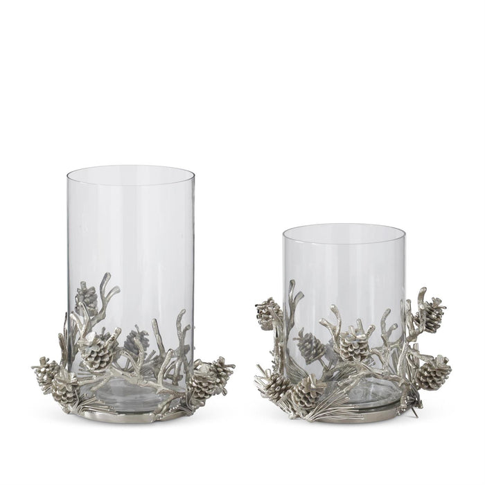 Design Shop Set of 2 Glass Hurricanes W/silver Metal Pinecone & Twig Base