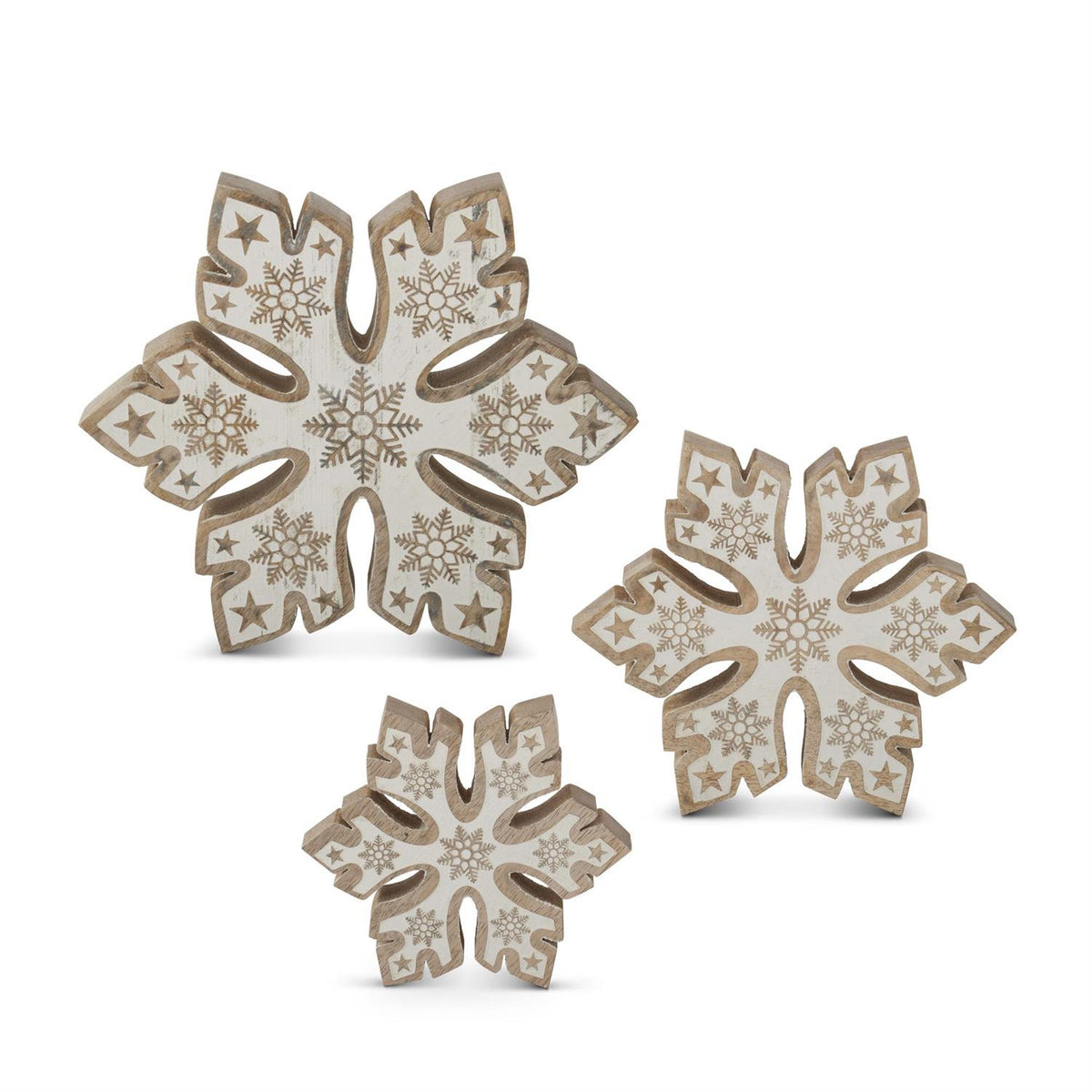 Design Shop Set of 3 Mango Wood Snowflakes w/White Embossed Centers