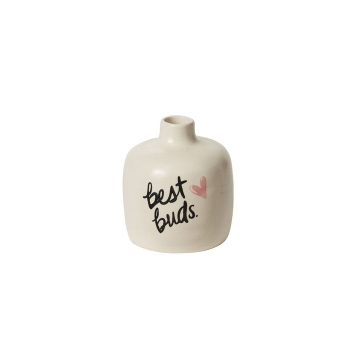 Cream ceramic vase with a small neck, beige body, black cursive "best buds." text and pink heart on front.