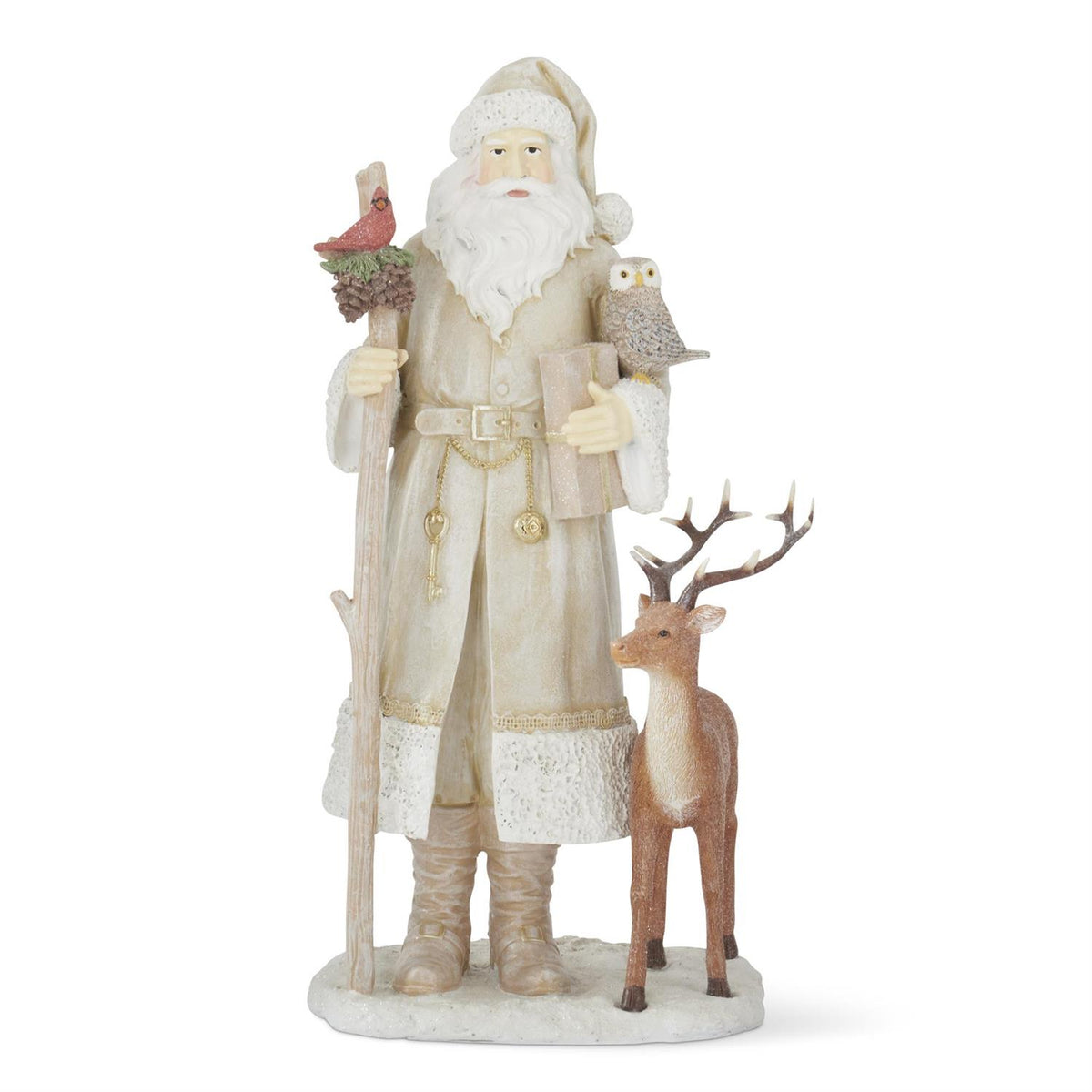 Design Shop 15.25 Inch Resin Cream Coat Santa w/Cardinal Owl & Reindeer