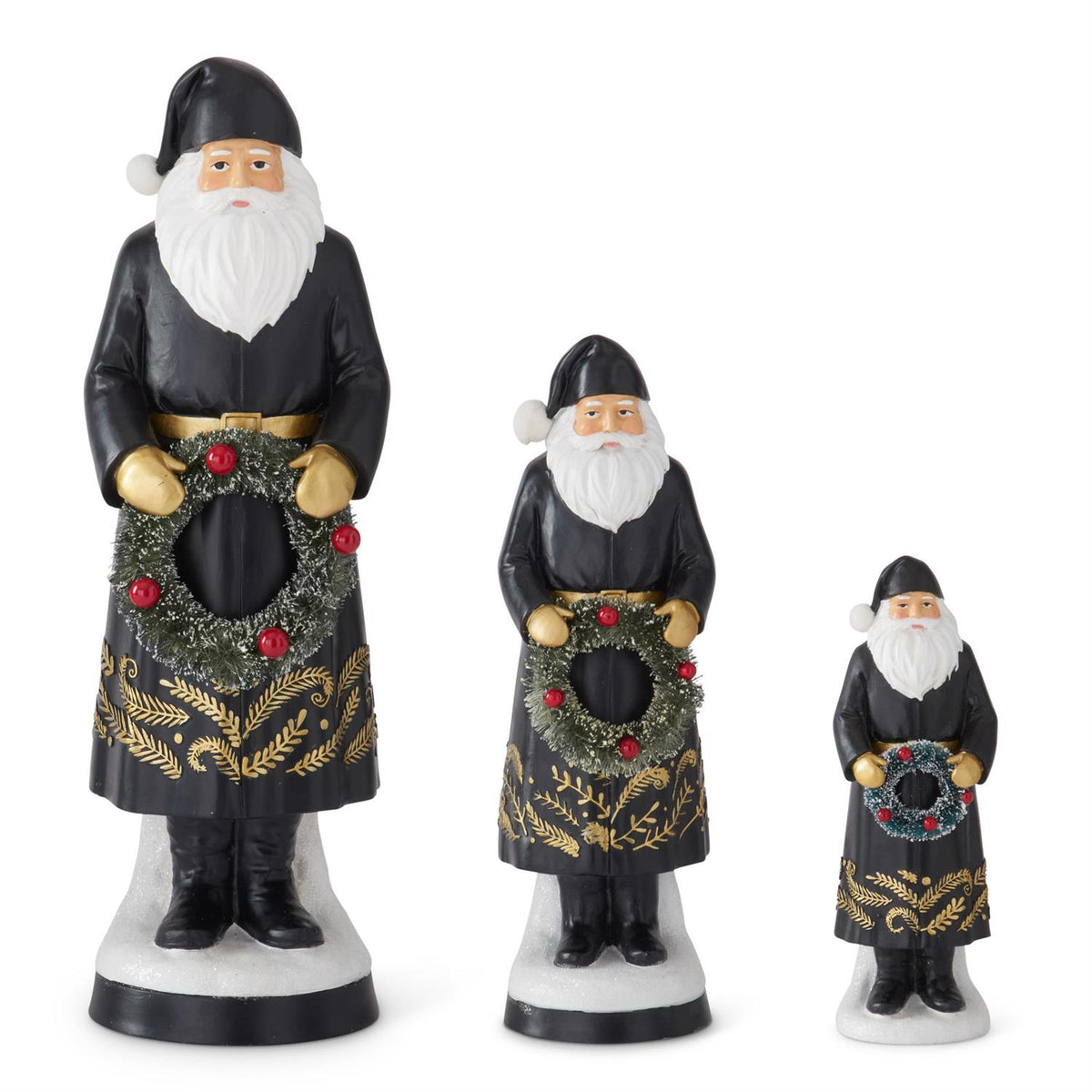 Set of 3 Resin Black Coat Santas Holding Bottle Brush Wreath