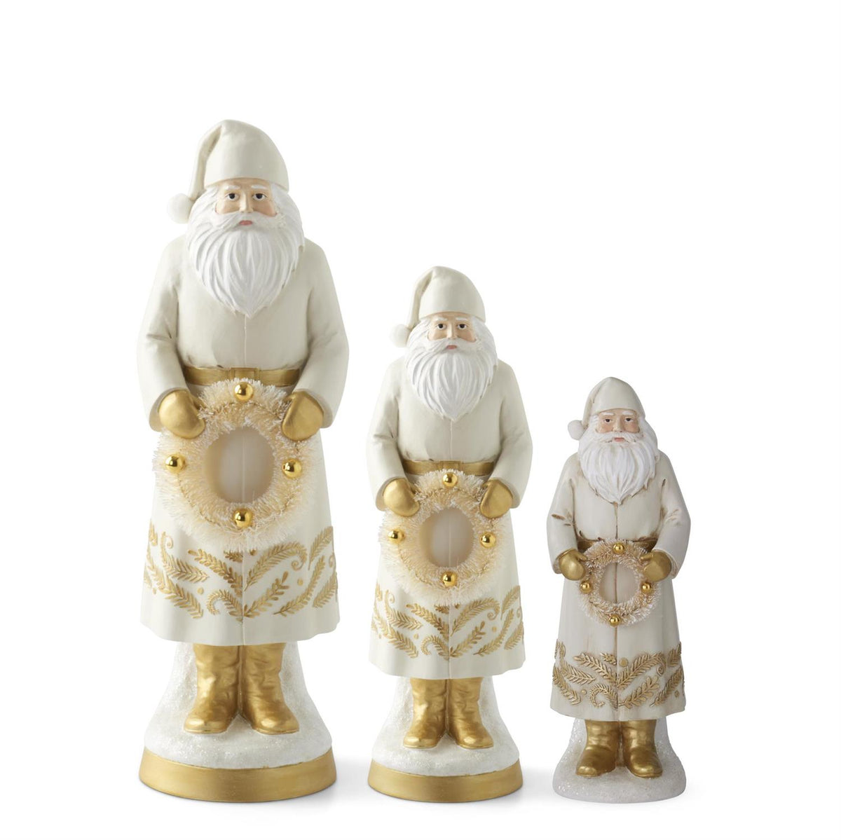 Design Shop Set of 3 Cream Resin Santa Holding Bottle Brush Wreath
