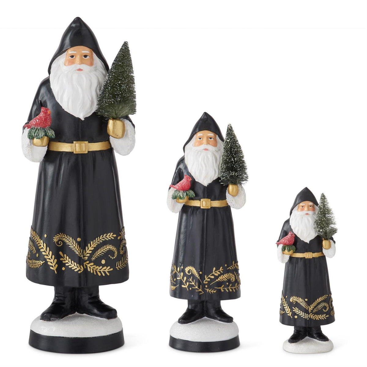 Set of 3 Resin Black Coat Santas Holding Cardinal & Bottle Brush Tr