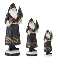 Set of 3 Resin Black Coat Santas Holding Cardinal & Bottle Brush Tr