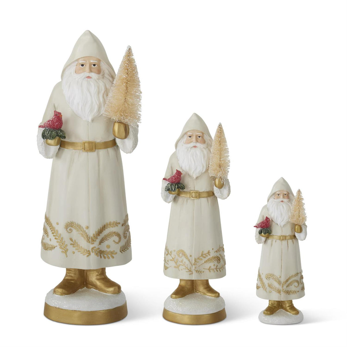 Design Shop Set of 3 Cream Resin Santas Holding Cardinal & Bottle Brush Tree