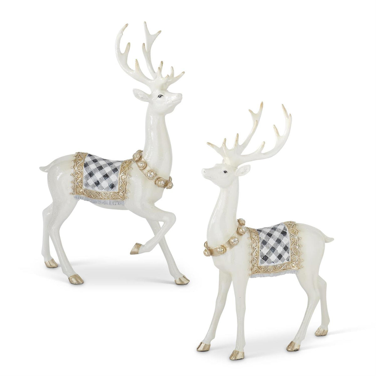 Design Shop Glittered Cream Resin Deers w/Black & White Check Saddles, Set of 2