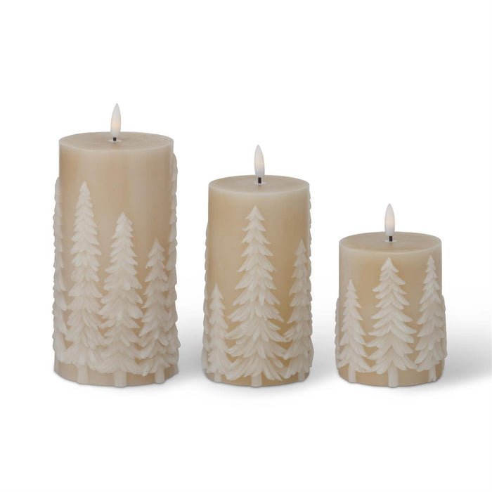 Design Shop Set of 3 Tan Embossed Trees LED Pillar Candles W/timers
