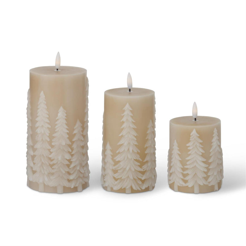 Design Shop Set of 3 Tan Embossed Trees LED Pillar Candles W/timers