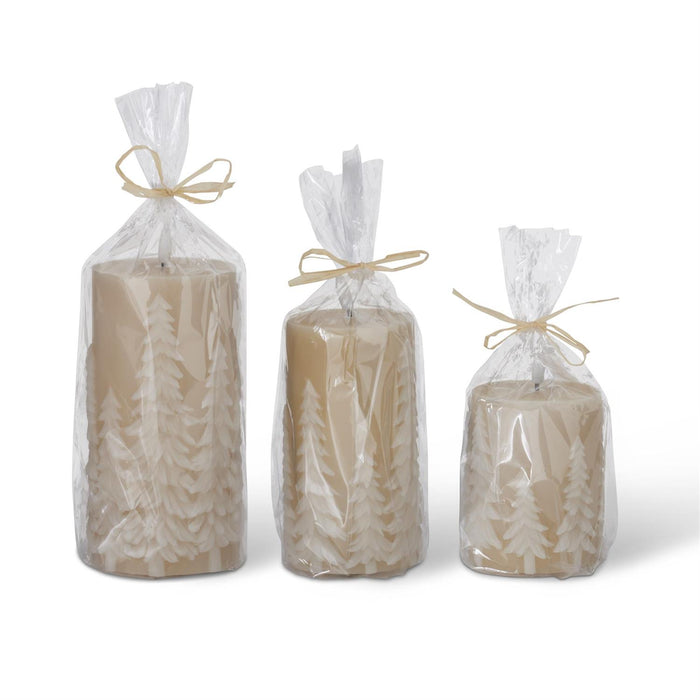 Design Shop Set of 3 Tan Embossed Trees LED Pillar Candles W/timers
