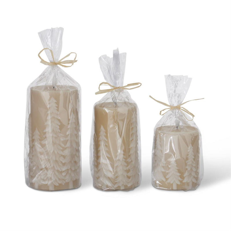 Design Shop Set of 3 Tan Embossed Trees LED Pillar Candles W/timers