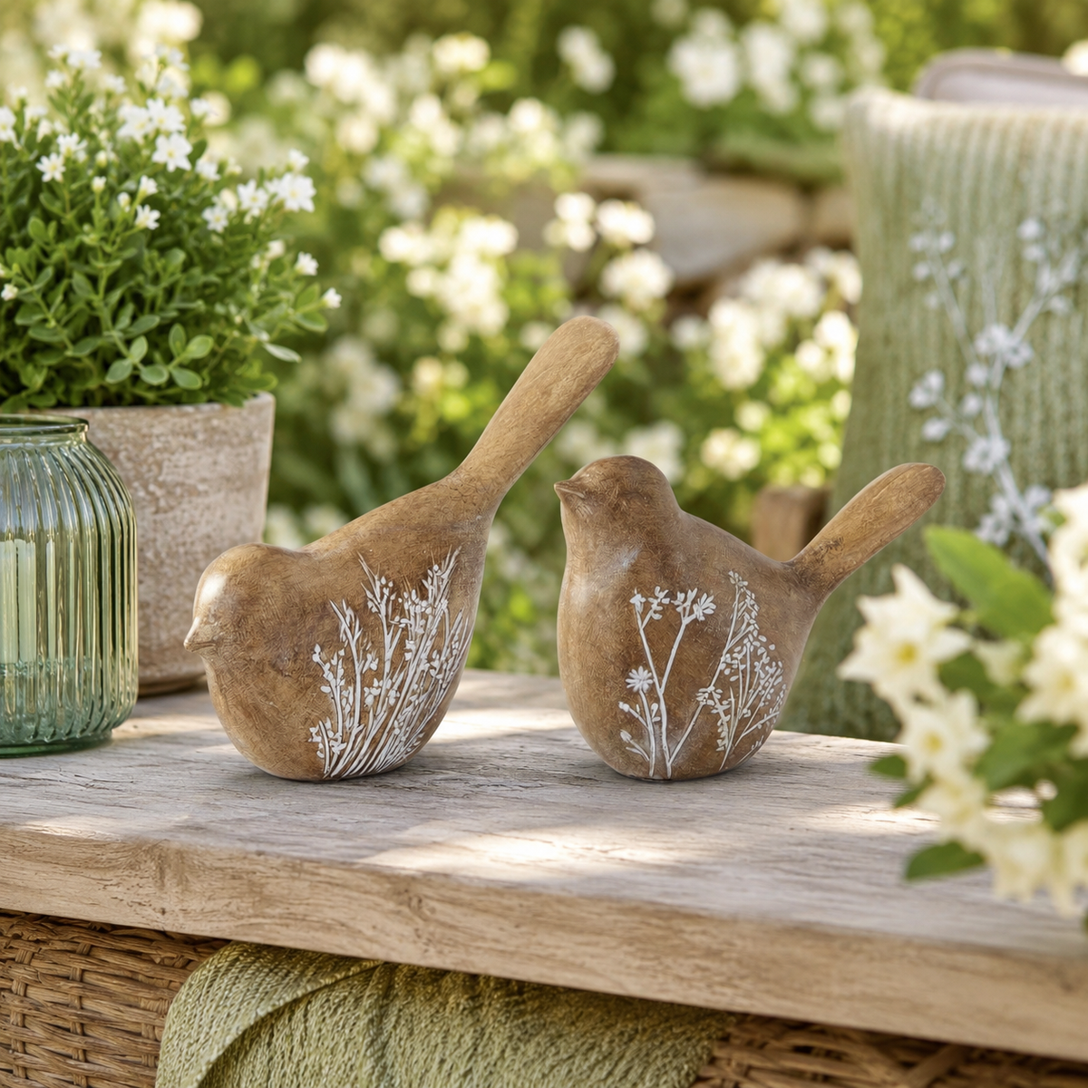 Design Shop Brown Resin Flower Embossed Birds, Set of 2