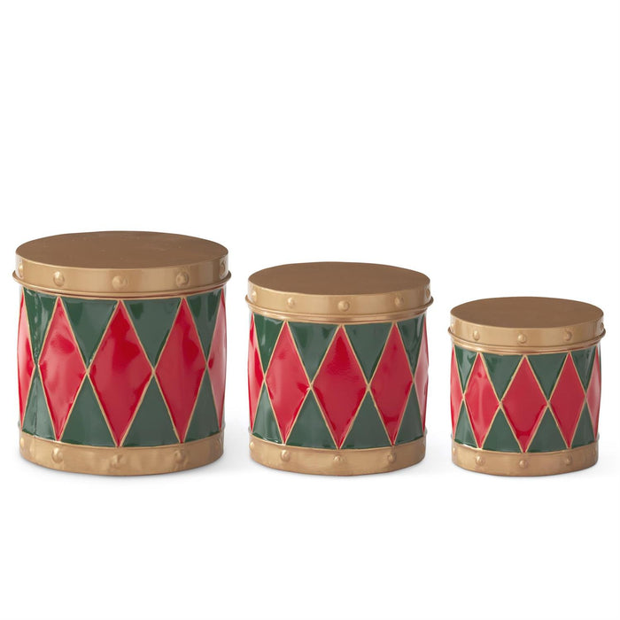 Set of 3 Red & Green Harlequin Metal Drum Containers