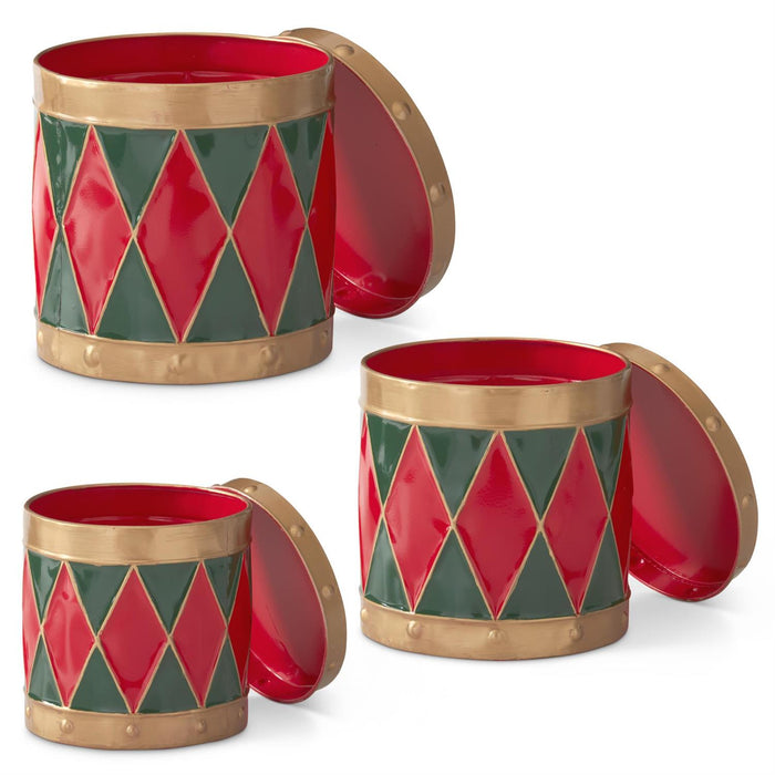 Set of 3 Red & Green Harlequin Metal Drum Containers