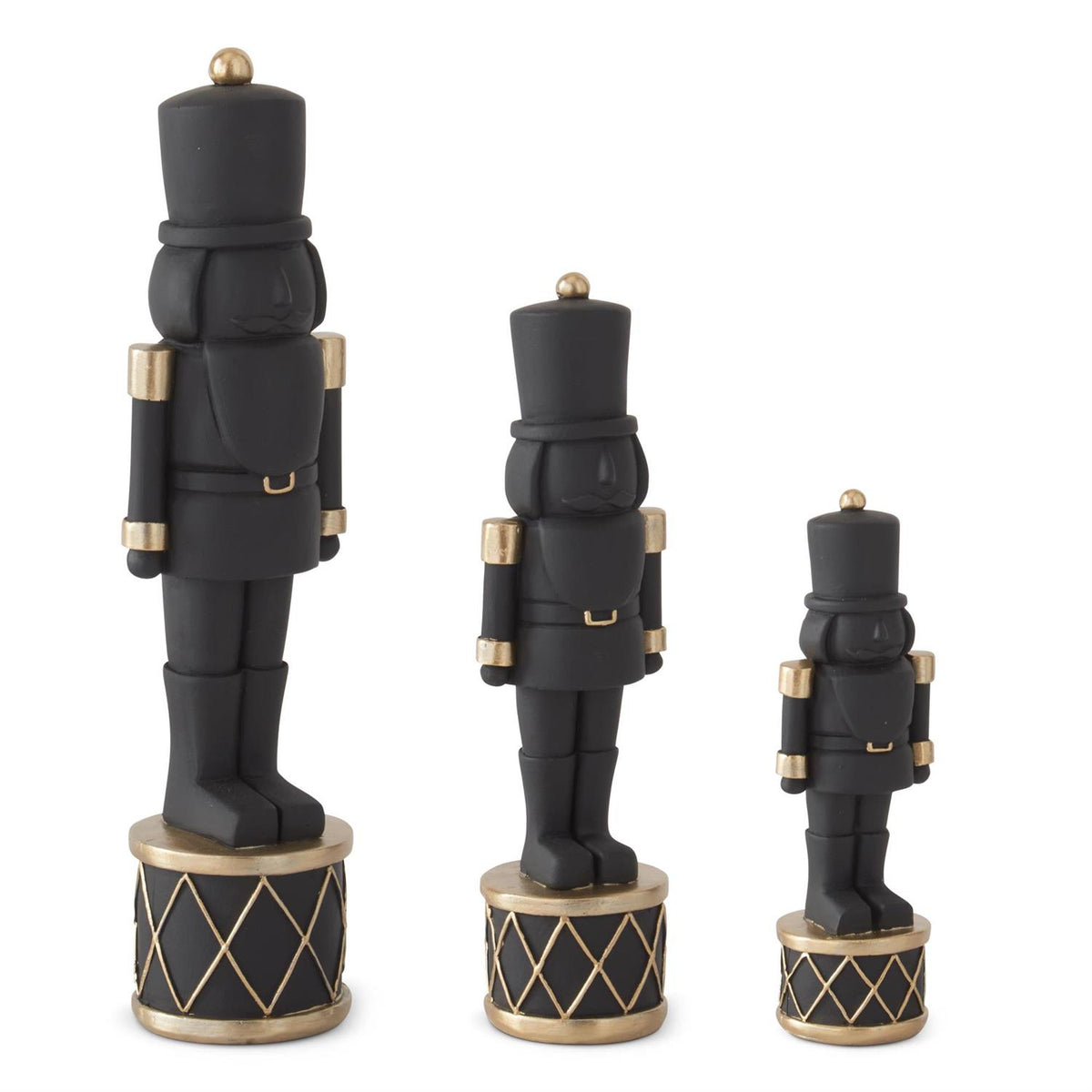Set of 3 Matte Black Nutcrackers on Drum with Gold Trim