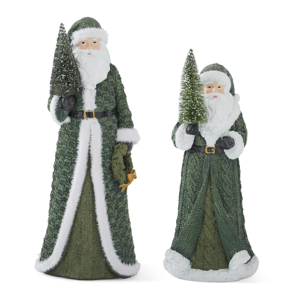 Set of 2 Santas with Green Coat & Bottle Brush Tree