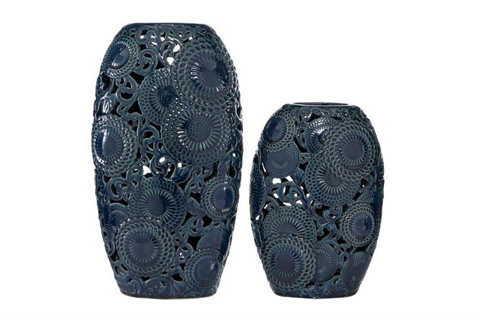 Design Shop  Blue Ceramic Floral Vase w/ Cut Out Patterns
