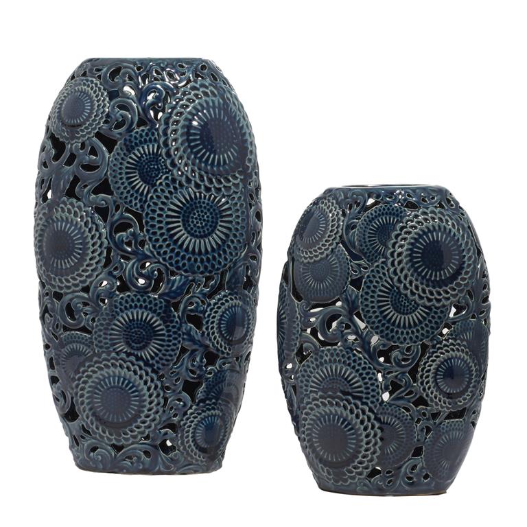 Design Shop  Blue Ceramic Floral Vase w/ Cut Out Patterns