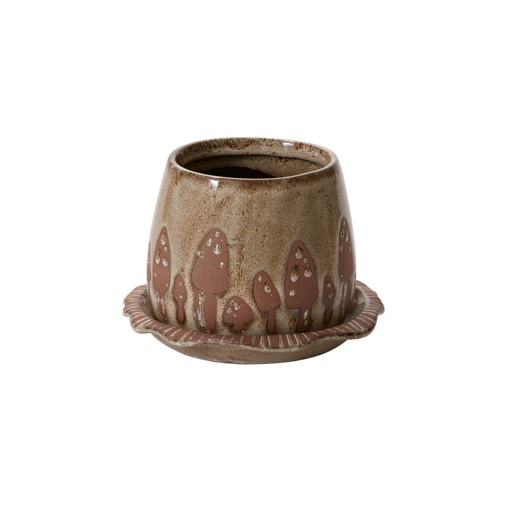 Design Shop Brown Wild Mushroom Pot with Saucer, 7" X 4.75".