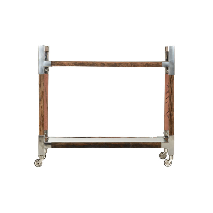 Wooden rolling cart with metal accents on a white background