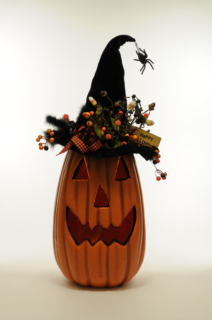 Halloween-themed decorative item with a jack-o'-lantern face, witch hat, and spider on a white background.