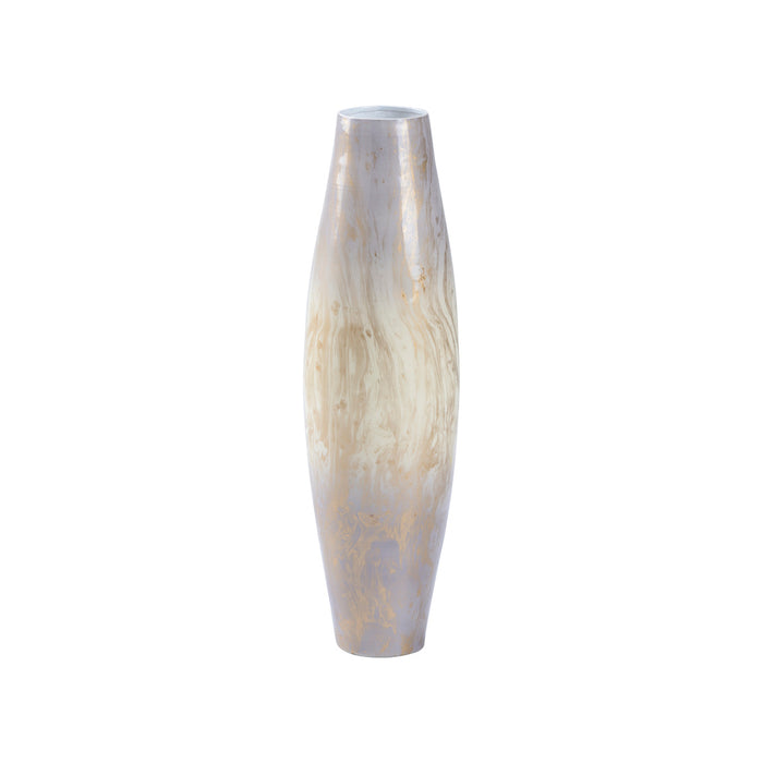 Tall, cylindrical vase with a marbled design on a white background