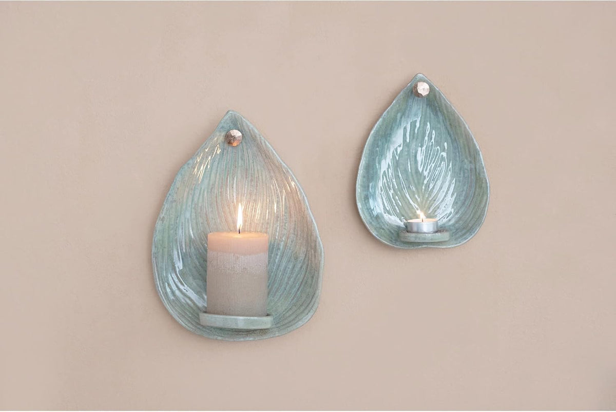 Design Shop Stoneware Leaf Candle Holder Wall Sconce, Green Reactive Glaze