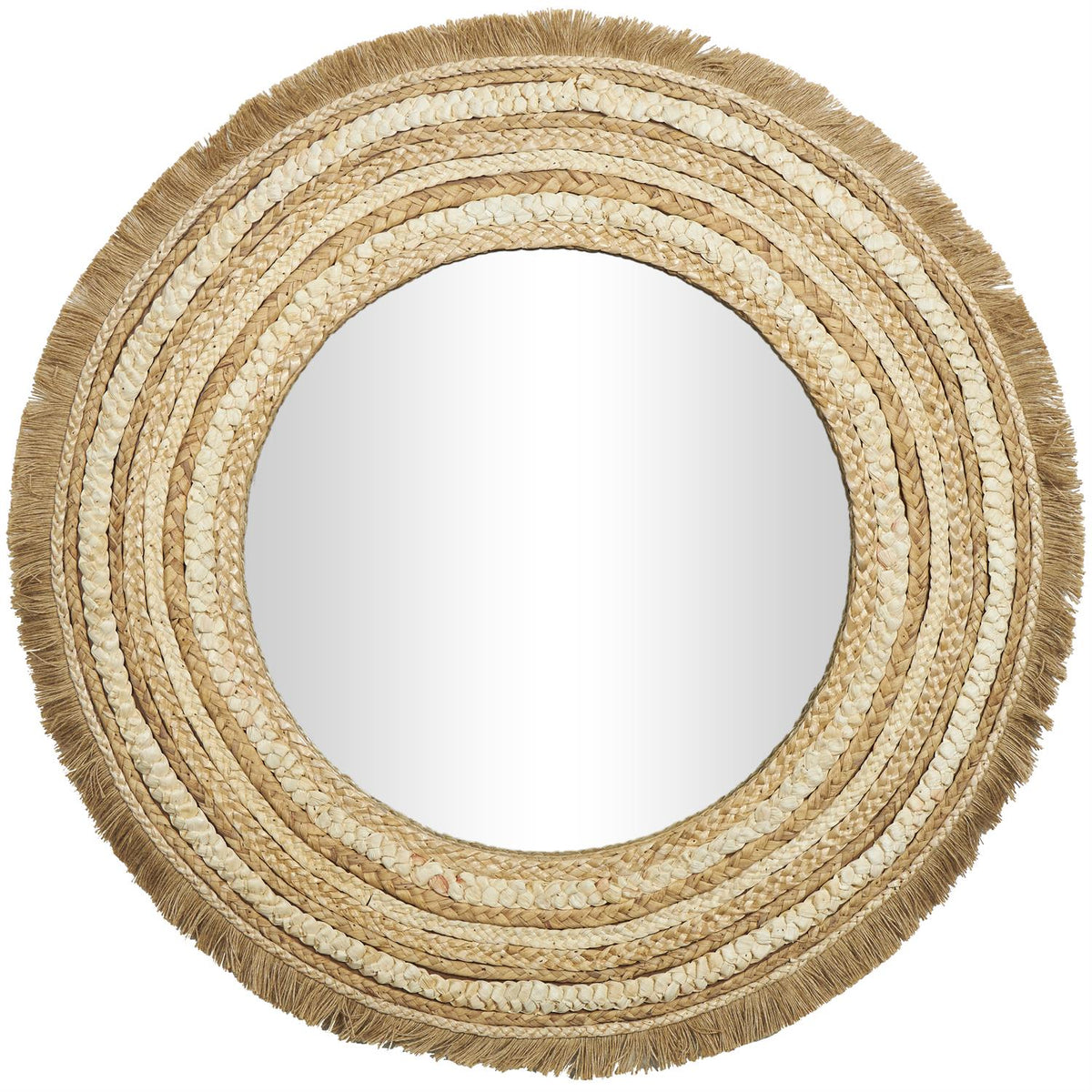 Beige Wood Woven Wall Mirror With Fringe Ends, 38" X 1" X 38"