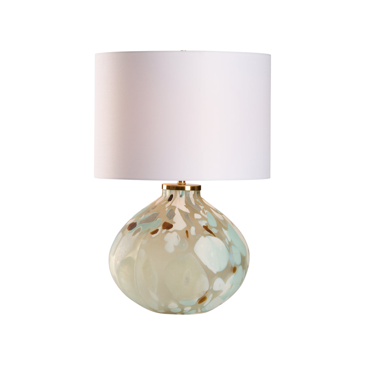 Table lamp with a decorative glass base and white shade on a white background