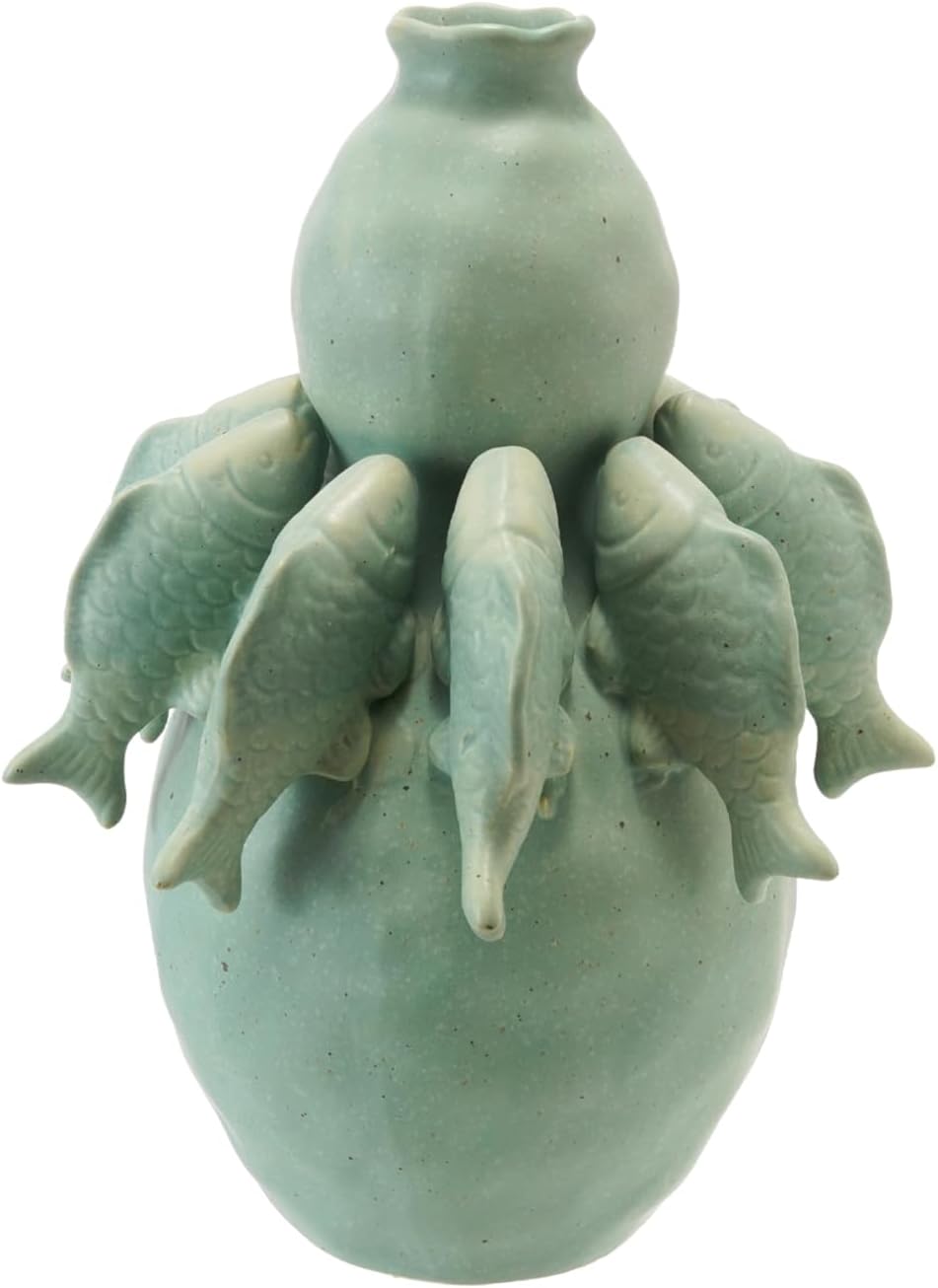 Design Shop Stoneware Vase with 3D Fish and Reactive Glaze, Matte Sage Green